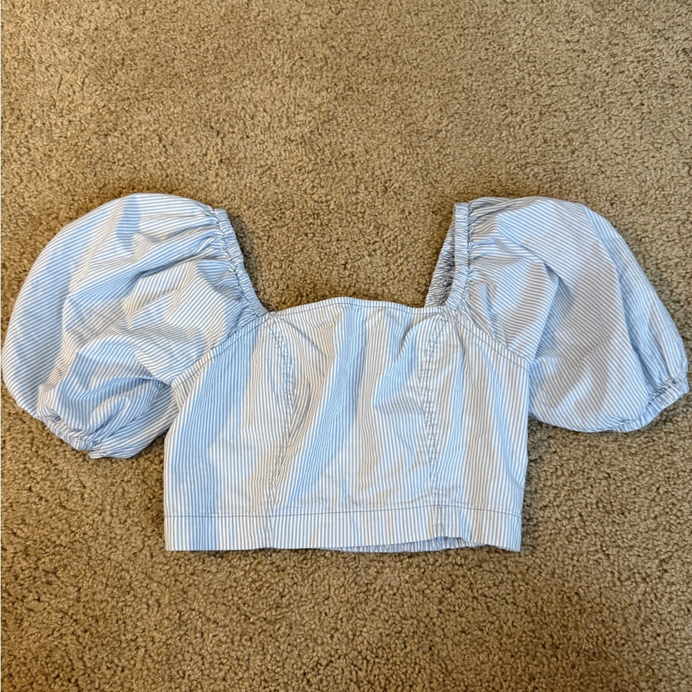 aerie Light Blue & White Pinstripe Puff-Sleeve Crop Top